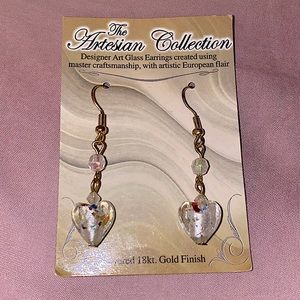 Glass heart dangle earrings 18k gold finish